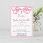 Elegant Pink Watercolor Ribbon Bow Baptism 招待状 (スタンド正面)