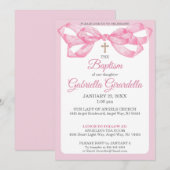 Elegant Pink Watercolor Ribbon Bow Baptism 招待状 (正面/裏面)
