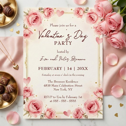 Elegant Pink Watercolor Valentine's Day Party 招待状