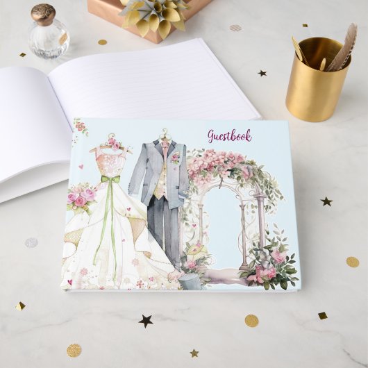 Elegant Pink Wedding Floral Guestbook ゲストブック (正面見開き)
