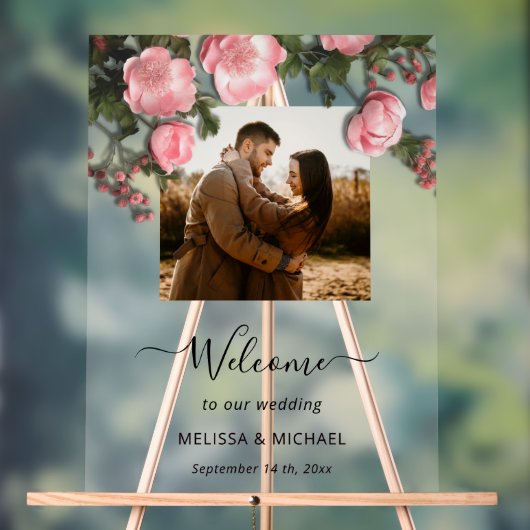 Elegant Pink White 3D Roses Wedding アクリルサイン (ニュートラル)