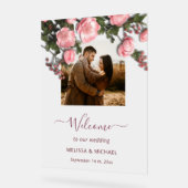 Elegant Pink White 3D Roses Wedding アクリルサイン (傾斜)