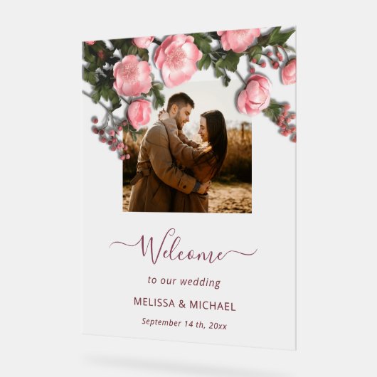 Elegant Pink White 3D Roses Wedding アクリルサイン (傾斜)