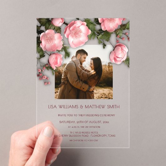 Elegant Pink White 3D Roses Wedding アクリル招待状 (インサイチュ (ポータブル))