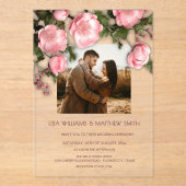 Elegant Pink White 3D Roses Wedding アクリル招待状 (正面)