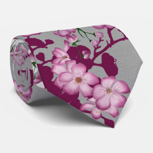 Elegant Pink White Burgundy Cherry Blossoms ネクタイ