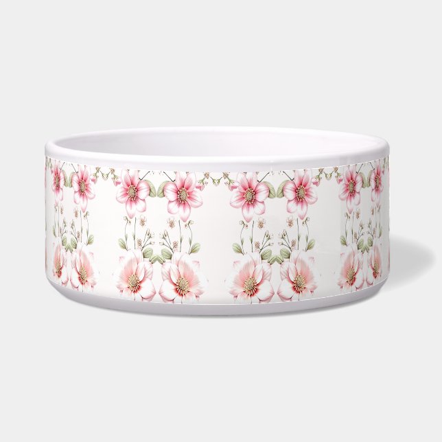 Elegant Pink White Floral Ceramic Pet Bowl ボウル (正面)