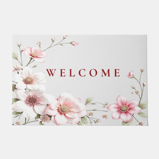 Elegant Pink White Floral Doormat ドアマット (正面)