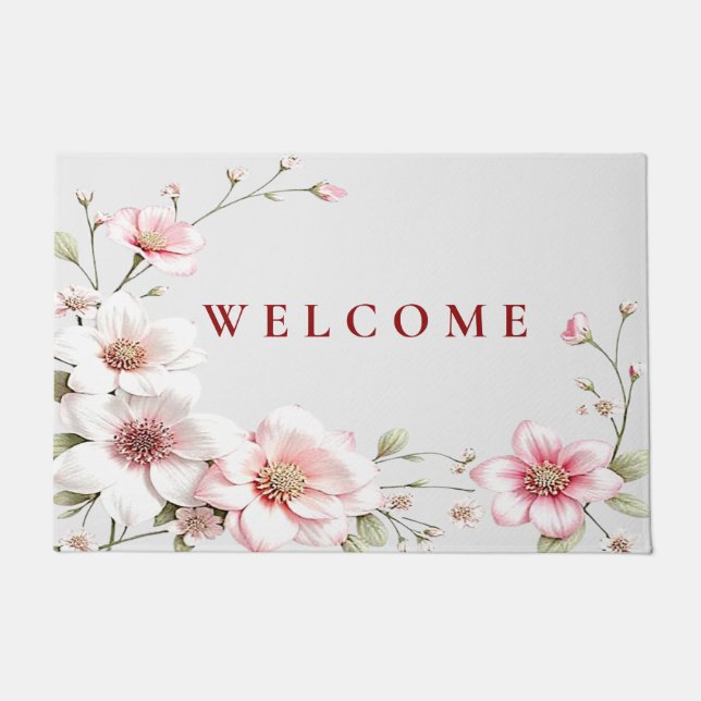 Elegant Pink White Floral Doormat ドアマット (正面)