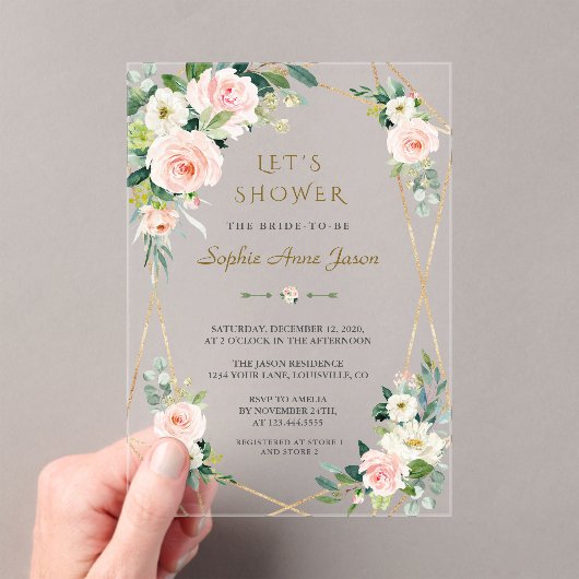 Elegant Pink White Floral Gold Frame Bridal Shower アクリル招待状 (インサイチュ (ポータブル))