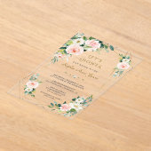 Elegant Pink White Floral Gold Frame Bridal Shower アクリル招待状 (レイダウン)