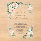 Elegant Pink White Floral Gold Frame Bridal Shower アクリル招待状 (正面)
