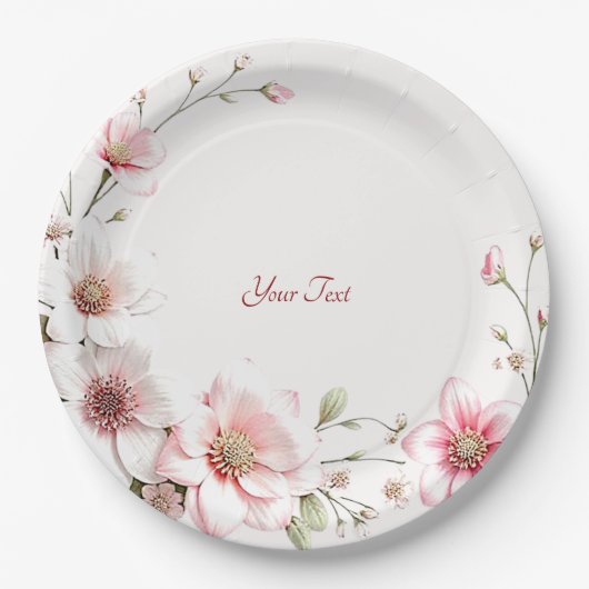 Elegant Pink White Floral Paper Plate ペーパープレート (正面)