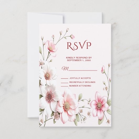 Elegant Pink White Floral RSVP Card (正面)