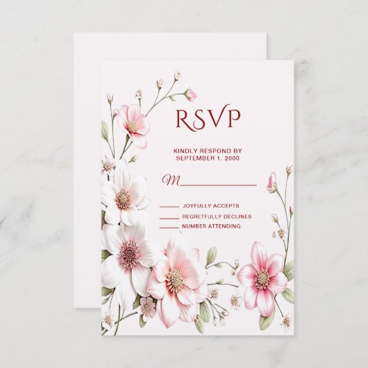 Elegant Pink White Floral RSVP Card (正面/裏面)