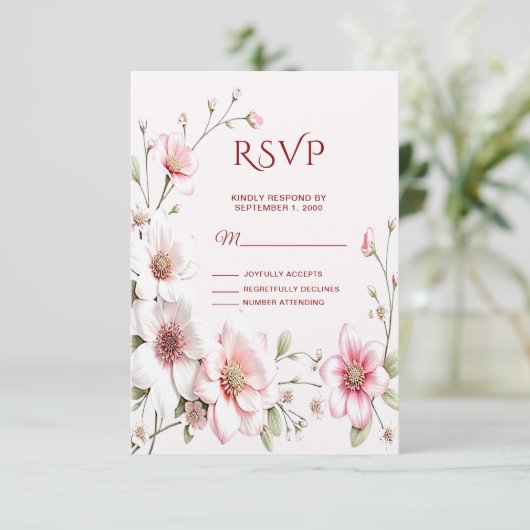 Elegant Pink White Floral RSVP Card (スタンド正面)