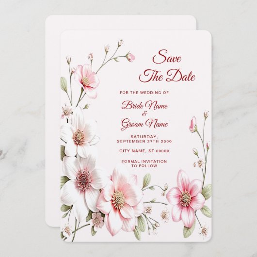Elegant Pink White Floral Save The Date セーブザデート (正面/裏面)