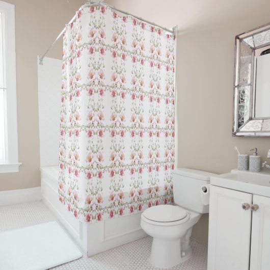 Elegant Pink White Floral Shower Curtain シャワーカーテン (インサイチュ)