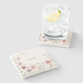 Elegant Pink White Floral Stone Coaster ストーンコースター (横)