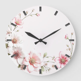 Elegant Pink White Floral Wall Clock ラージ壁時計