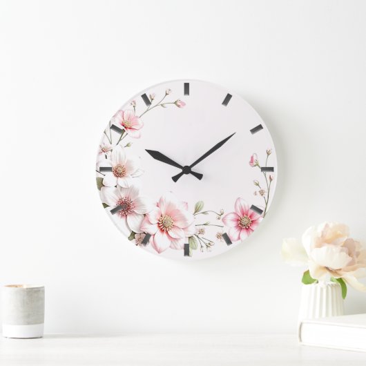 Elegant Pink White Floral Wall Clock ラージ壁時計 (ホーム)