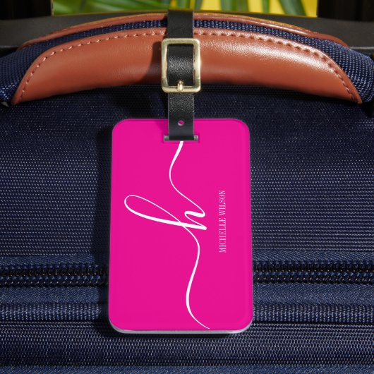 Elegant Pink White Monogram Initial Script Name  ラゲッジタグ (正面インサイチュ2)
