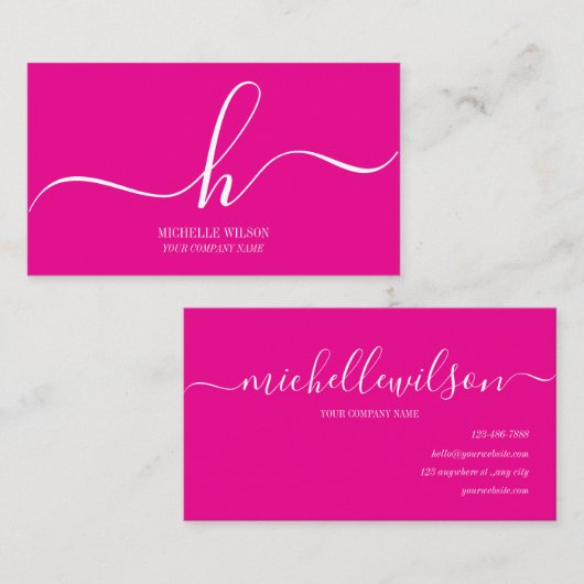 Elegant Pink White Monogram Initial Script Name  名刺 (正面/裏面)