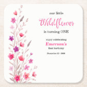 Elegant Pink Wildflower 1st Birthday Party スクエアペーパーコースター (正面)