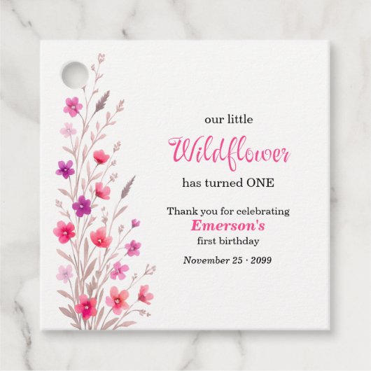 Elegant Pink Wildflower 1st Birthday Party フェイバータグ (正面)