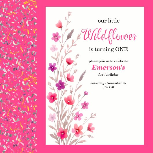 Elegant Pink Wildflower 1st Birthday Party 招待状