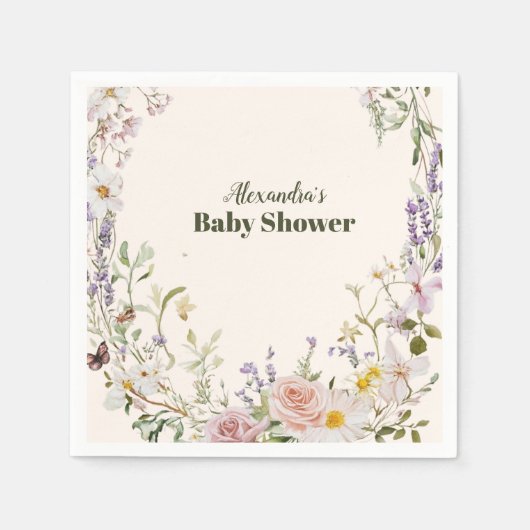 Elegant Pink Wildflower Boho Baby Shower スタンダードカクテルナプキン (正面)