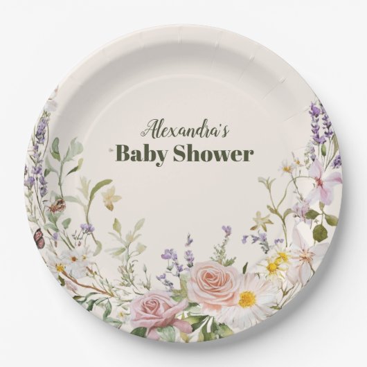Elegant Pink Wildflower Boho Baby Shower ペーパープレート (正面)