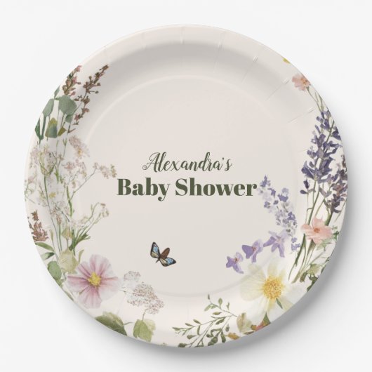 Elegant Pink Wildflower Rustic Boho Baby Shower ペーパープレート (正面)