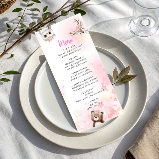 Elegant Pink Woodland Baby Shower Menu Card メニュー