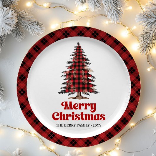 Elegant Plaid Christmas Tree Personalized Paper  ペーパープレート
