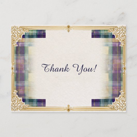Elegant Plaid Gold Frame Thank You ポストカード (正面)
