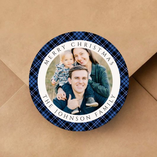 Elegant Plaid Photo Christmas ラウンドシール