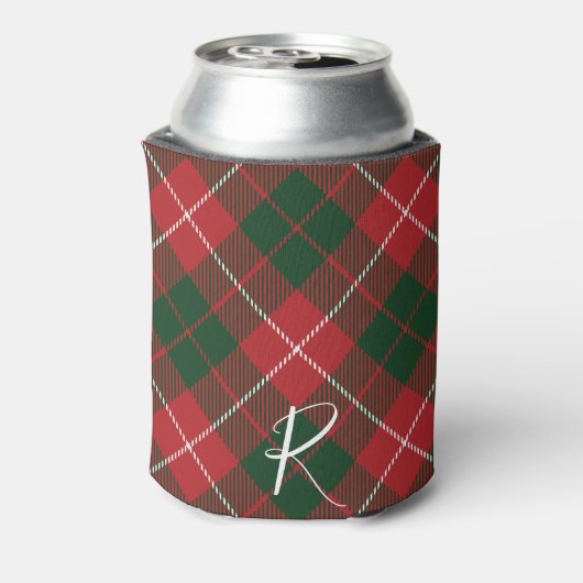 Elegant Plaid Red Green Tartan Monogram Custom 缶クーラー (缶裏面)