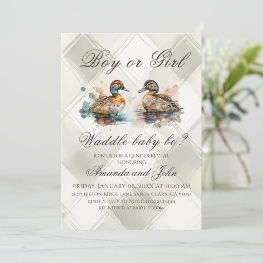 Elegant Plaid Waddle It Be Duck Gender Reveal 招待状 (スタンド正面)