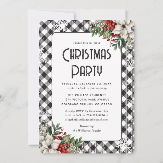 Elegant Plaid Winter Botanicals Christmas Party 招待状 (正面)