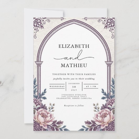Elegant Plum Botanical Arch Floral Wedding 招待状 (正面)