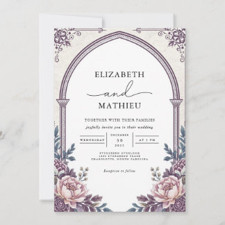Elegant Plum Botanical Arch Floral Wedding 招待状