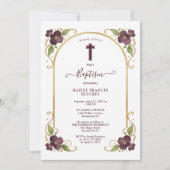 Elegant Plum Floral Gold Arch Baptism Celebration  招待状 (正面)