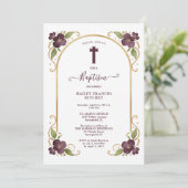 Elegant Plum Floral Gold Arch Baptism Celebration  招待状 (スタンド正面)