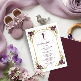 Elegant Plum Floral Gold Arch Baptism Celebration  招待状
