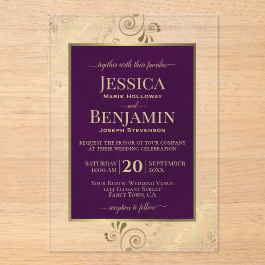 Elegant Plum Purple & Gold Stylish Text Wedding アクリル招待状 (正面)