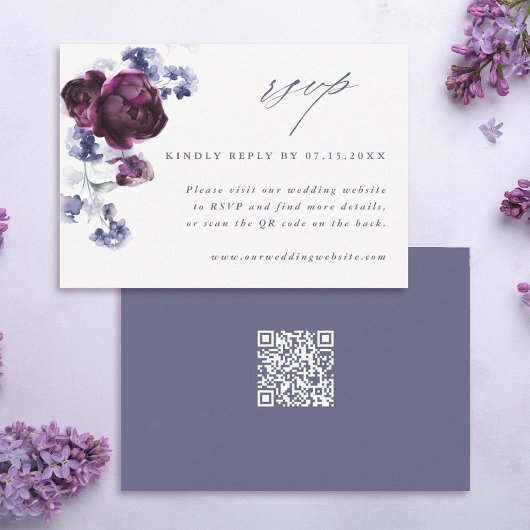 Elegant Plum Purple & Indigo Blue Floral QR Code  出欠カード