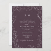 Elegant Plum Purple Leaf Monogram Details Wedding 招待状 (正面)