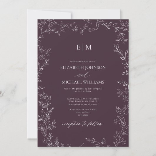 Elegant Plum Purple Leaf Monogram Details Wedding 招待状 (正面)