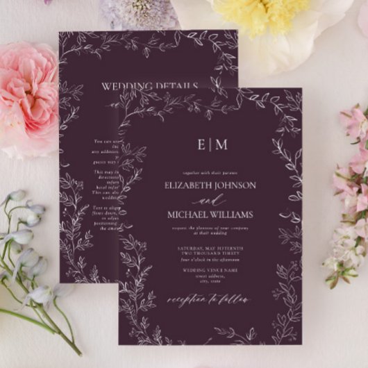 Elegant Plum Purple Leaf Monogram Details Wedding 招待状